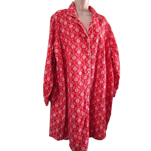 Lands End Other - Lands End Red White Snowflake Flannel Button Up Nightshirt GUC Ladies 1X Long